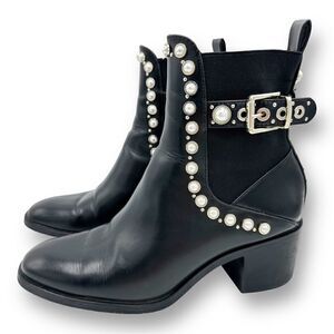 Zara Pearl and Stud Black Botin Mid Heel Ankle Boots 37 US 6.5